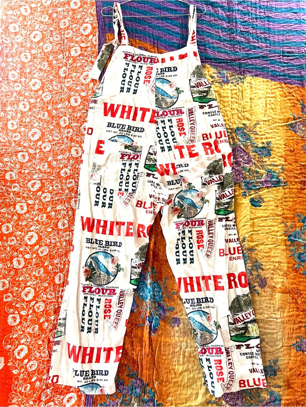 Cotton Vintage-Inspired Flour Sack Print Overalls with Blue Bird One Size - Picture 4 of 10